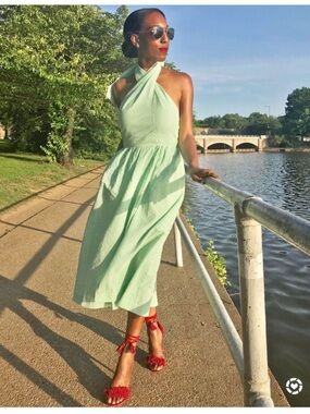 J CREW Sarong Maxi Dress Seersucker Green White Size 16 Coastal Party Cotton